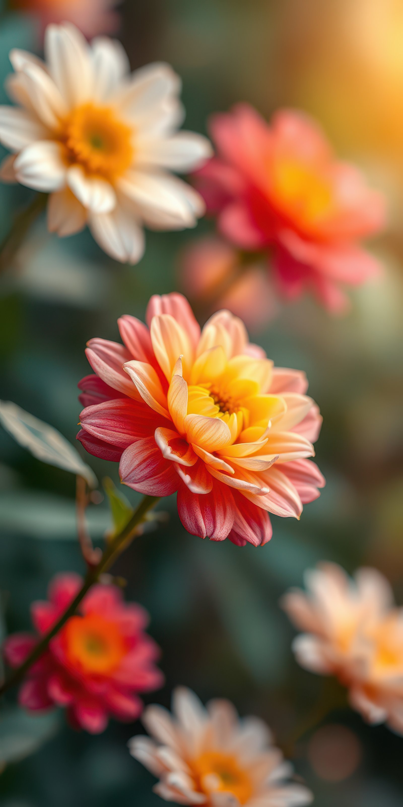 Colorful blooming flowers in a garden at sunset create a vibrant and serene atmosphere